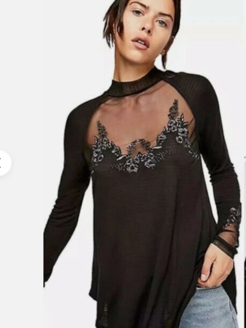 Free People Size XS Saheli Embroidered Mesh Top Black